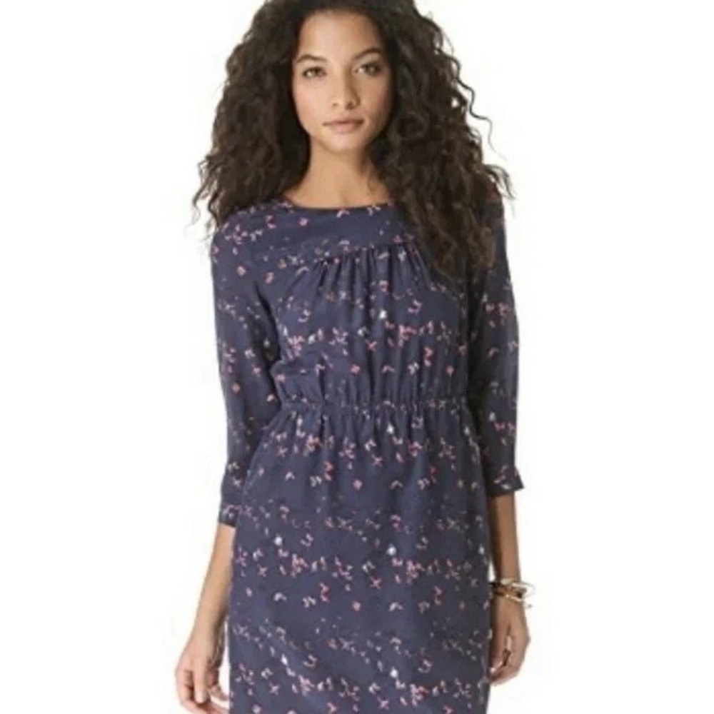 Madewell Size 0 Silk (XS) 3/4 Sleeve Day Dress Birds Life Print Blue Pink Mini
